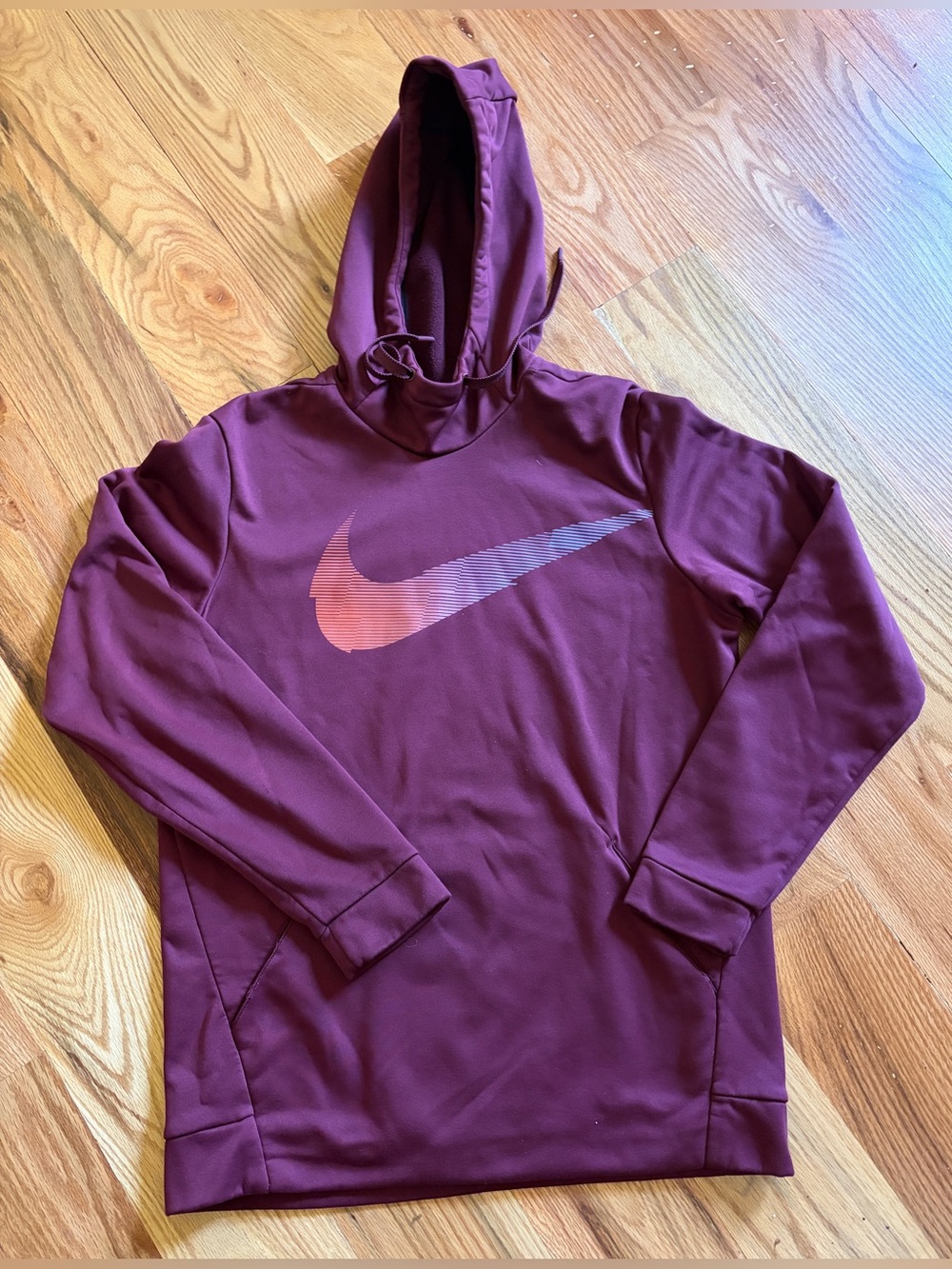 Nike Burgundy Hoodie with Pink-to-Blue Gradient Swoosh